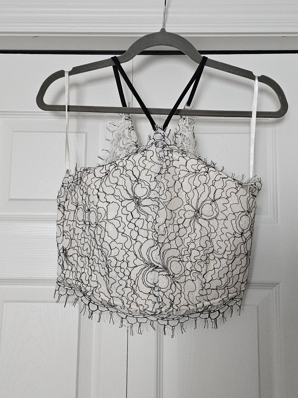 le chateau White Cami with Black Floral Lace Overlay